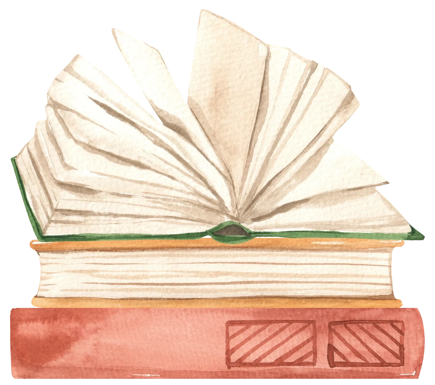 Illustration à l'aquarelle de deux livres empilés ; celui du haut est ouvert avec des pages en éventail, et celui du bas est fermé par une couverture brun-rouge.