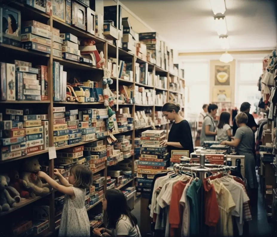 Des personnes de différents âges parcourent des étagères remplies de jeux de société et de jouets dans un magasin confortable et bien éclairé de la recyclerie Montaigu. Les enfants jouent près des étagères du bas tandis que les adultes regardent les jeux. Des étagères de vêtements sont visibles au premier plan.