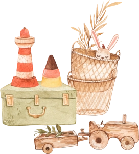 Illustration à l'aquarelle pour une charmante page d'accueil : des paniers en osier empilés, une valise verte, un jouet phare rayé, une voiture en bois et un lapin en peluche sortent d'un panier dans un style doux et fantaisiste.
