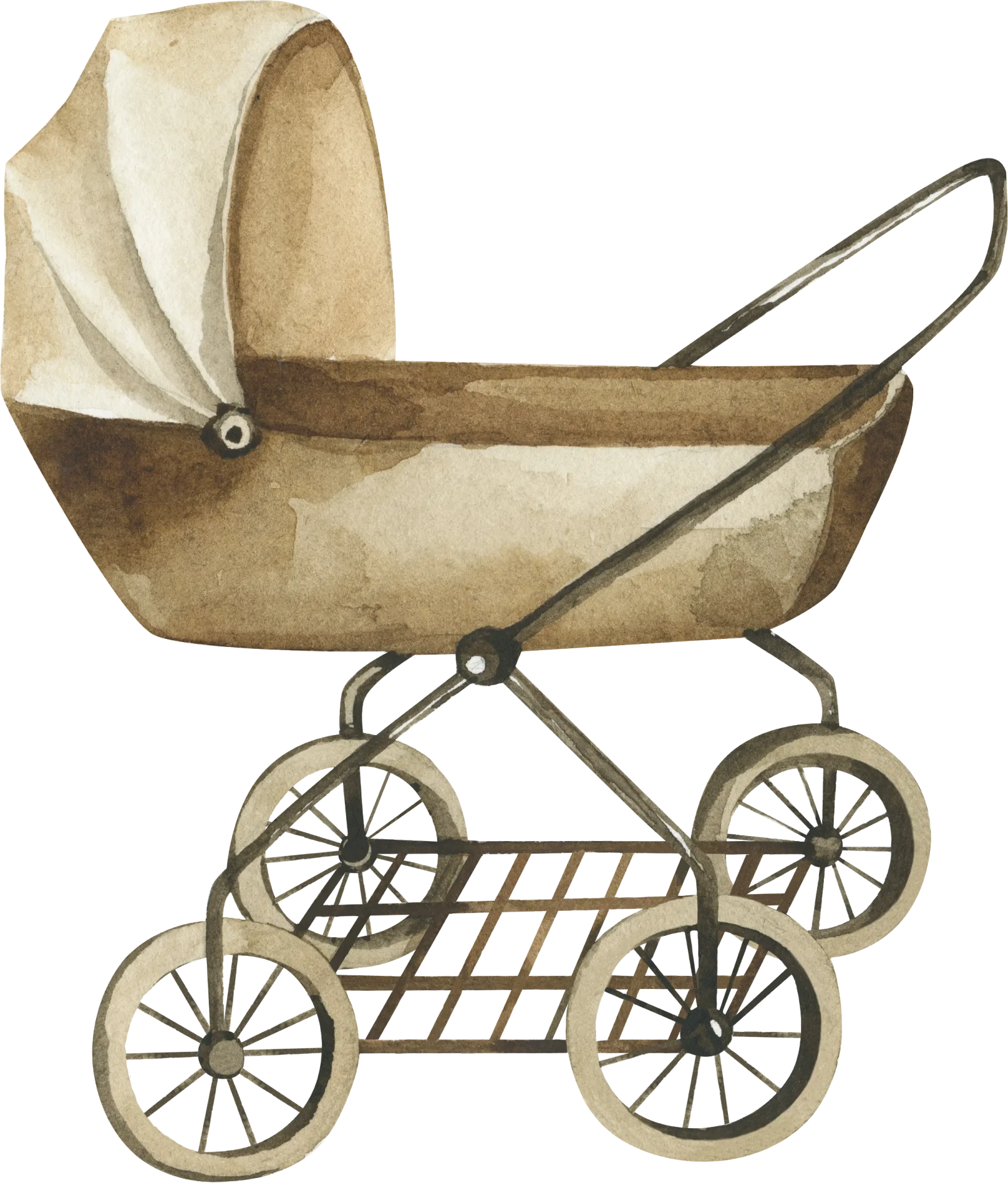 Illustration à l'aquarelle d'une poussette de bébé vintage avec un toit incurvé, quatre grandes roues à rayons et un châssis en métal dans les tons marron et beige.
