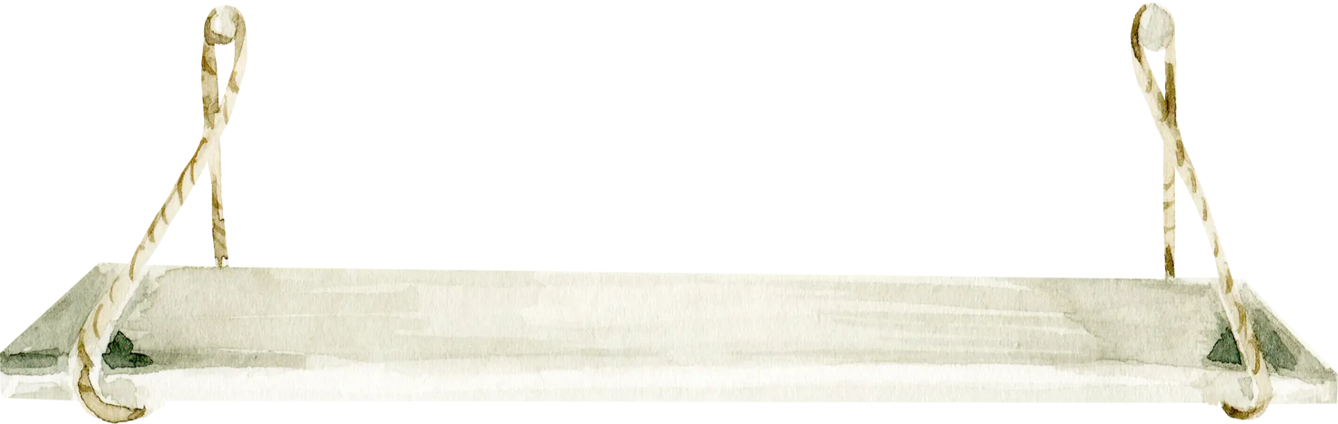 Illustration à l'aquarelle d'un simple siège de balançoire en bois suspendu par deux cordes torsadées de chaque côté, avec une palette de couleurs claires et neutres.