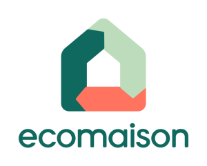 Logo d'Ecomaison représentant une maison stylisée composée de segments géométriques verts et corail, avec le mot ecomaison en lettres minuscules vertes en dessous.