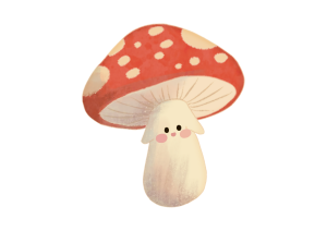 Illustration d'un champignon tacheté rouge et blanc avec un joli visage souriant et des joues roses sur le pied, parfait pour ajouter une touche charmante à tout projet de recyclerie ou de décoration écologique.