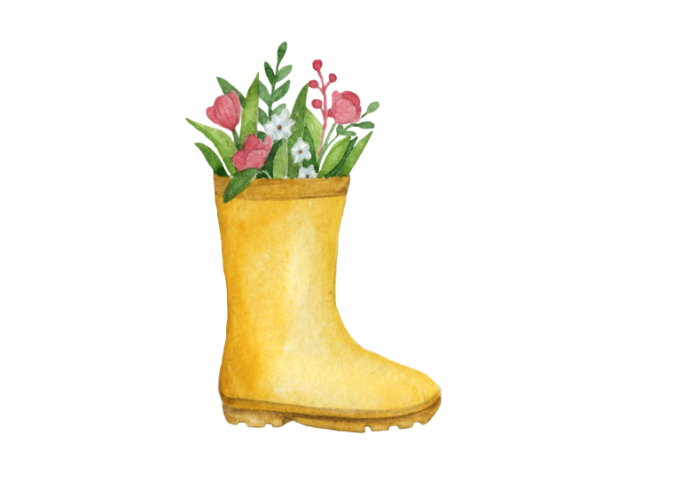 Une botte de pluie jaune provenant d'une recyclerie trouve une nouvelle vie en tant que jardinière, remplie de feuilles vertes et de fleurs roses et blanches, sur un fond blanc.