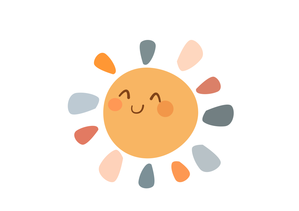 Illustration simple d'un soleil souriant aux joues orange et aux rayons multicolores sur fond blanc, parfaite pour une recyclerie promouvant des ondes joyeuses et respectueuses de l'environnement.