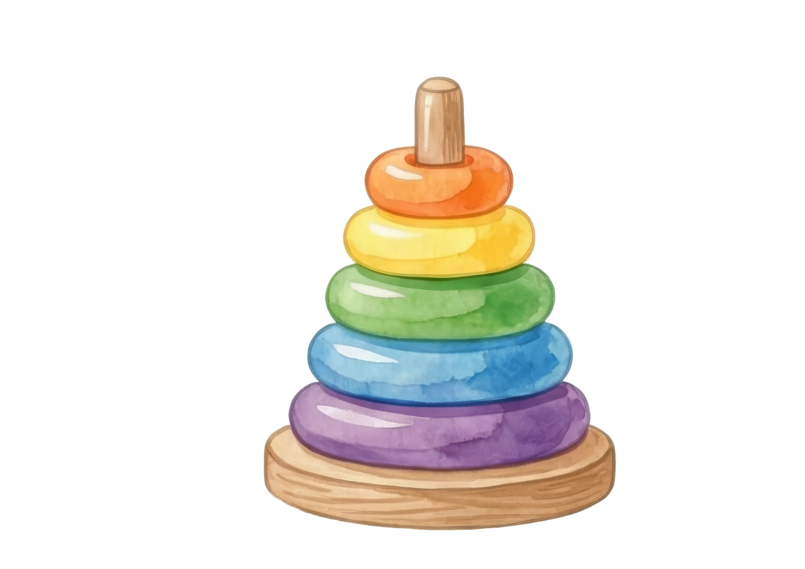 Jouet à empiler en bois avec six anneaux colorés - orange, jaune, vert, bleu et violet - disposés sur un piquet central, sur un fond blanc uni ; une trouvaille classique souvent disponible dans votre recyclerie locale.